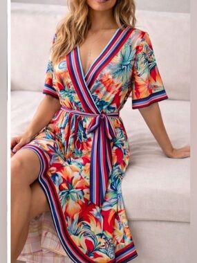 Multicolor Floral Wrap Dress | Boho V-Neck Tie Waist Midi Dress Size M